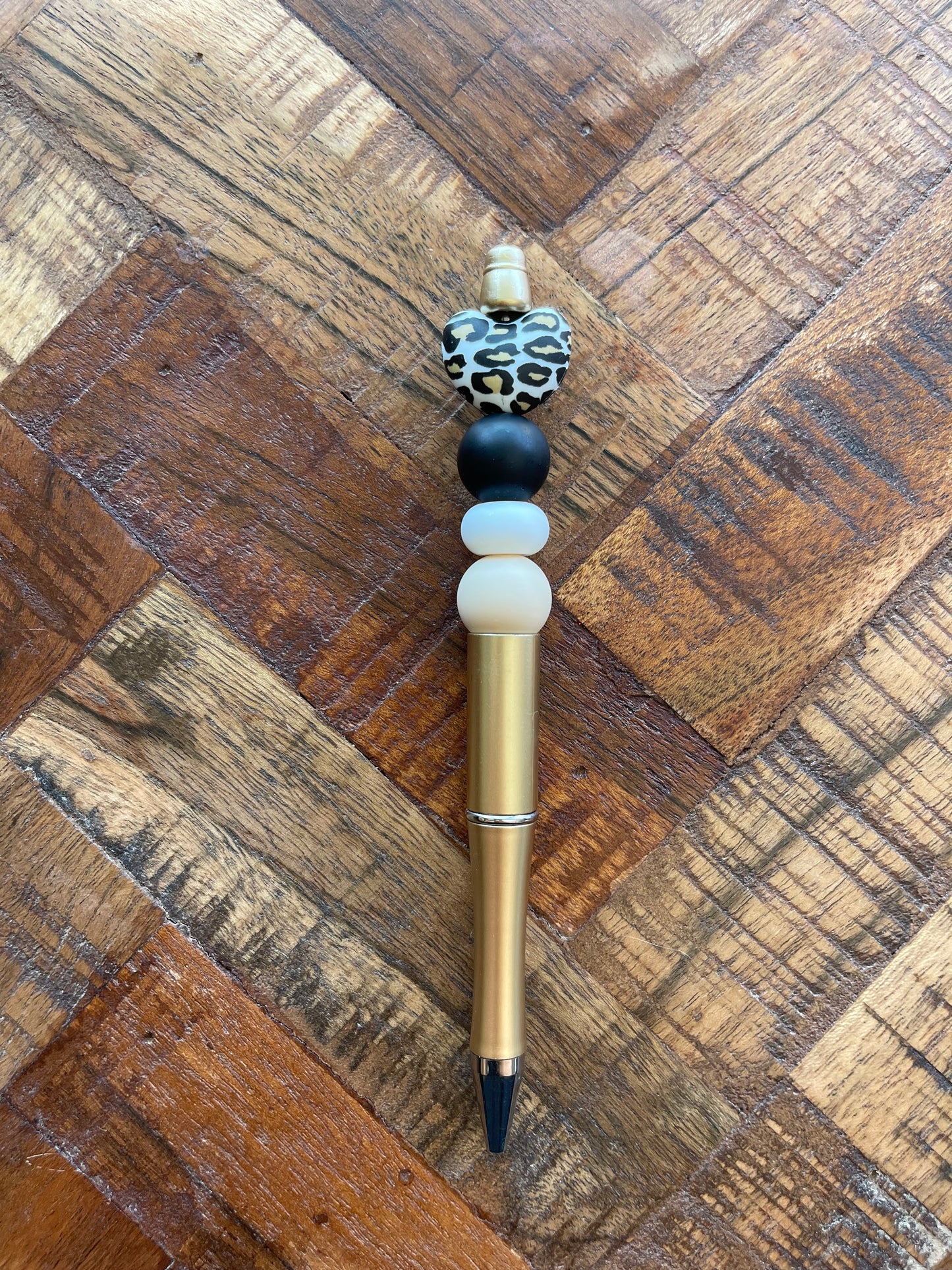 White Leopard Heart Beaded Pen